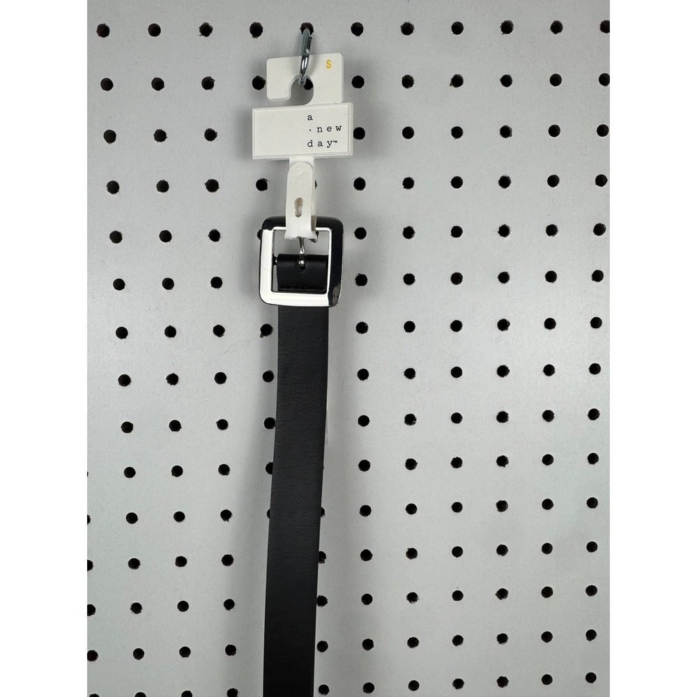 A New Day Womens Black Faux Leather Belt Silver Square Buckle Size Small AC995